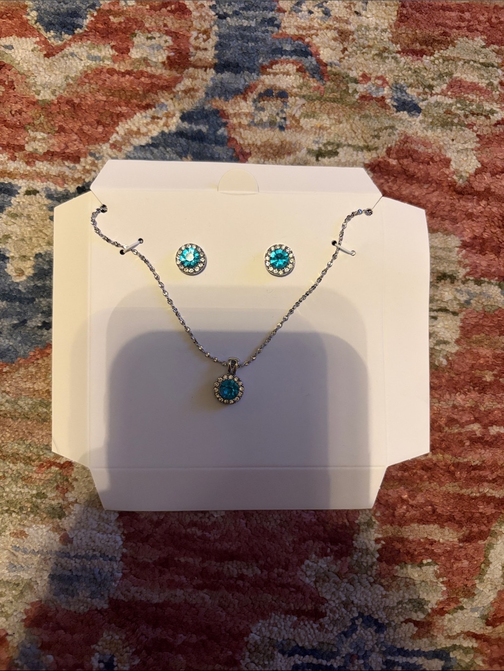 Charter Club Silver-Tone Necklace & Stud Earrings with Teal Crystals